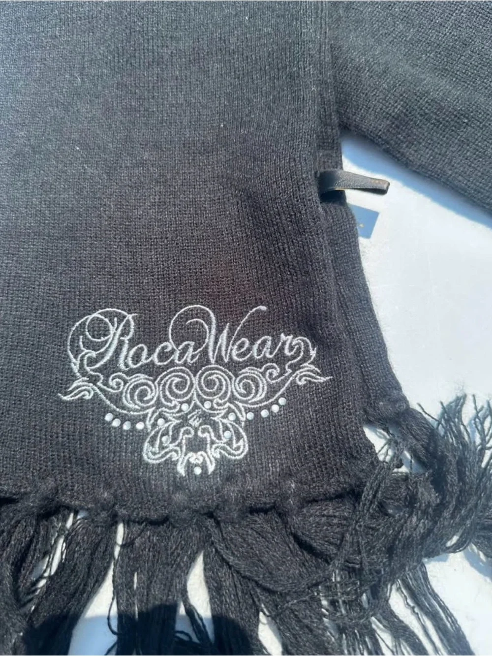 Rocawear Black Knit Fringe Scarf Embroidered Logo Winter Unisex